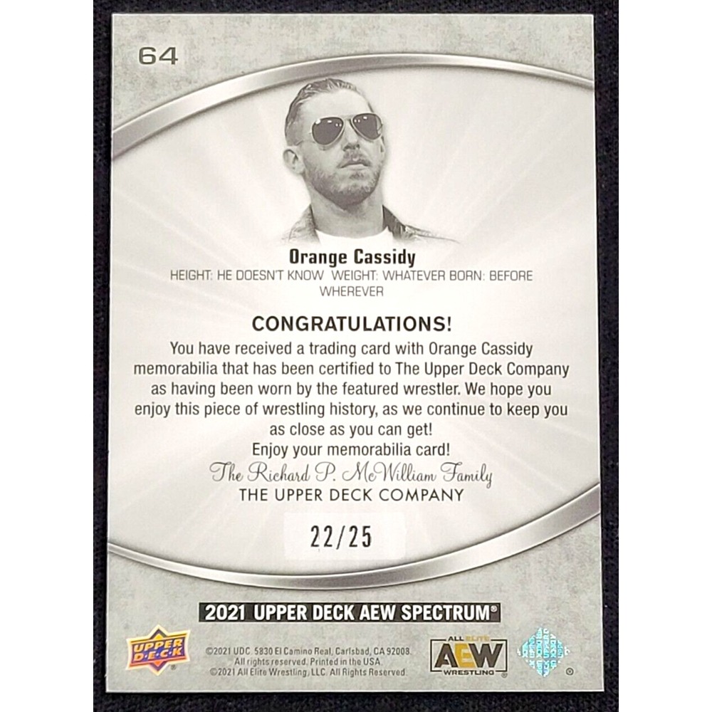 2021 Upper Deck Aew Spectrum Dark Orange Cassidy #D 22/25 Event Worn Relic View 2